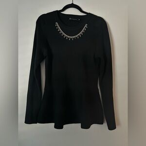 New York & Company Black Long Sleeve Top with Embellished Neckline